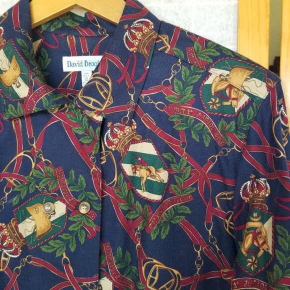 Vintage Equestrian Print Blouse Top Size 12 Long Sleeves Double Buttons - Picture 13 of 13